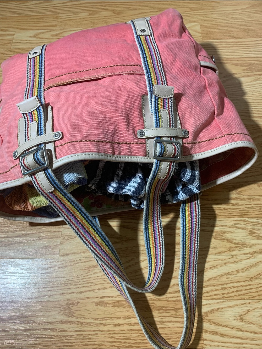 Fossil Pink Canvas BEACH TOTE RAINBOW POCKETS Diaperbag
